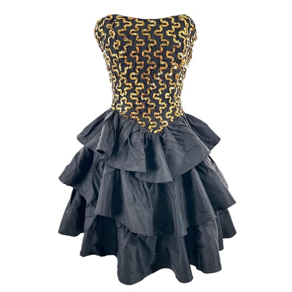 Jessica McClintock Gunne Sax Dress 5-6 vintage black gold sequin formal 80s 90s - Picture 1 of 9